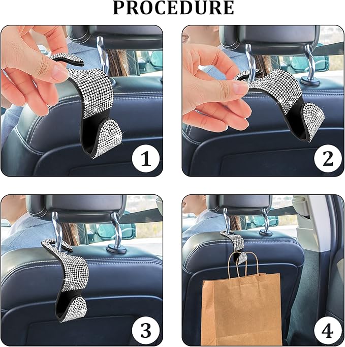 Dermasy 2 Pack Car Hooks, 2021 New Bling Rhinestones Crystal Hooks Car Decorations Auto Seat Back Organizers Strong and Durable Backseat Hanger Storage Universal for SUV Truck Vehicle (Silver)