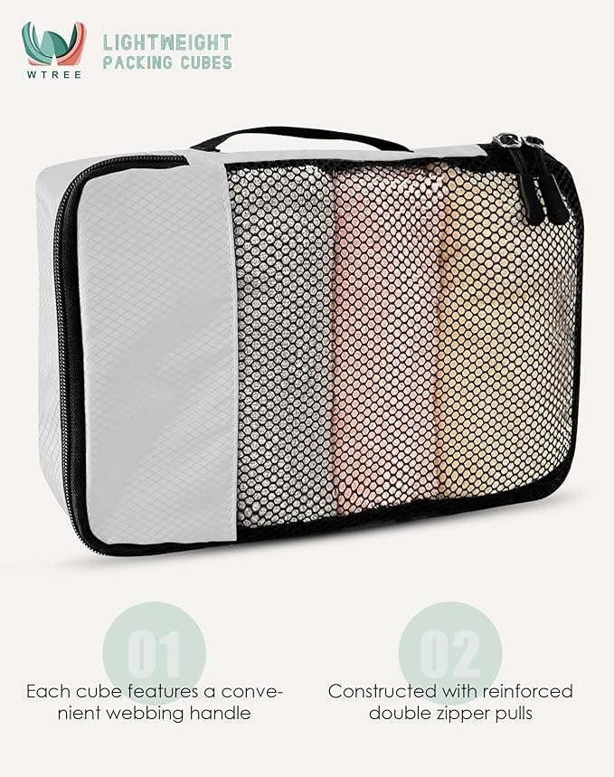 4-Piece Packing Cubes Travel Accessories Set for Suitcases - Luggage Organizer Bags with Double Zipper - Mesh Top - Medium - Beige