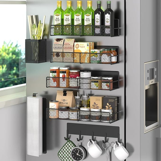 Magnetic Spice Rack for Refrigerator, 7 Pack 100% Metal Strong Magnet Shelves, Spice Organizer W/Hook Rack, Paper Towel Holder, Utensils Caddy, Kitchen Home Storage Organization (Black)
