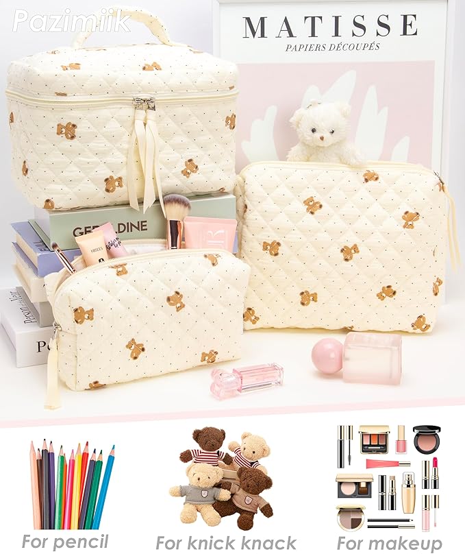 PAZIMIIK 3PCS Makeup Bag SET Large Travel Quilted Zipper Soft Cosmetic Case Pouch for Women Girls Make Up, Gauze Bear