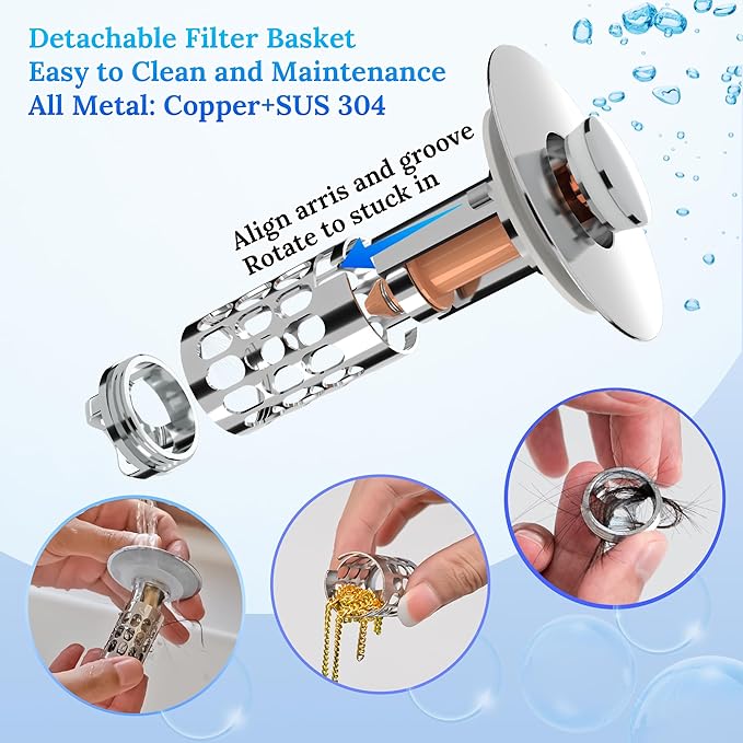 Pop up Bathroom Sink Drain Strainer,Universal Sink Stopper Bathroom Drain with Filter Basket,Bathroom Sink Stopper Hair Catcher for 1.06"~1.61" Drain Hole 2 PCS(Silver Chrome)