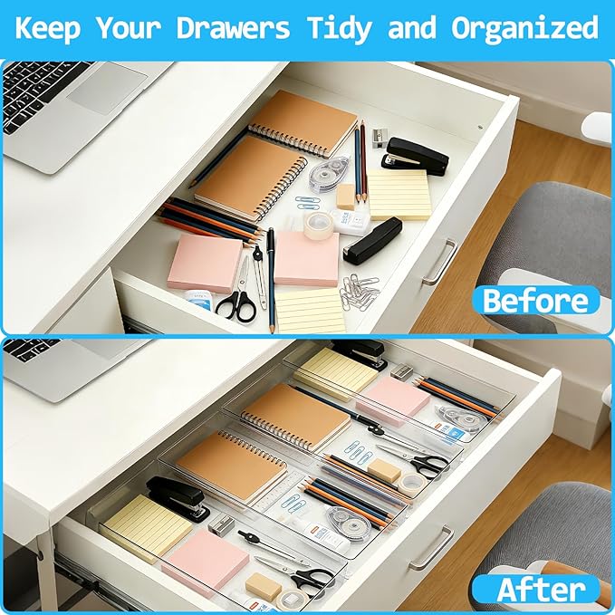 Manalete 8 Pack 15"x6" Extra Large Clear Plastic Drawer Organizer Trays, Multi-Purpose Storage Bins for Vanity, Makeup, Kitchen Utensils, Bathroom, Office Desk, Auto Tools & Craft Supplies