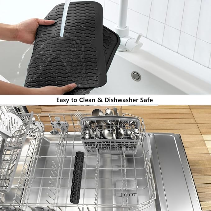 ZLR Silicone Dish Drying Mat for Kitchen Counter, Eco-Friendly Fast Dry Dish Mat, Easy Clean Multi Usage Drying Matt, Heat Resistant Trivet, 12" x 12" Middle, Black