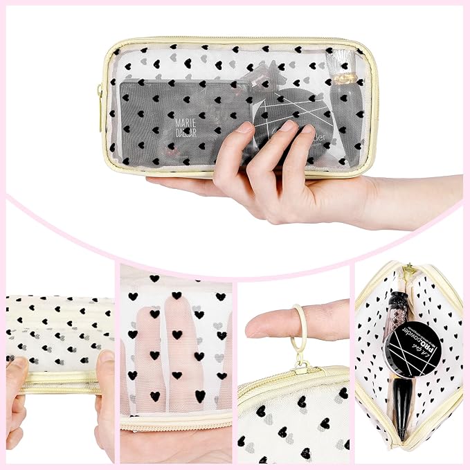 4 Pieces Mini Zipper Nylon Mesh Pouch, Mesh Cosmetic Bags Makeup Bags, Multipurpose Travel Toiletry Bags for Office Supplies and Travel Accessories (Heart Print-Pink, M)