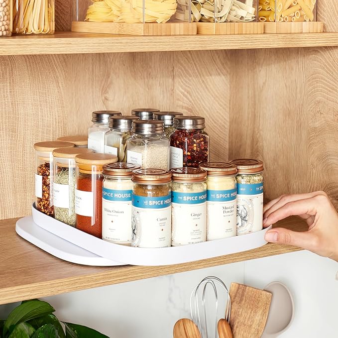 YouCopia MagicTrack Rectangle Lazy Susan Turntable 2-Tier Spice Rack: Jar & Bottle Storage Organizer for Kitchen and Bathroom with 360° Spin, Non-Slip, White Speckled BPA-Free