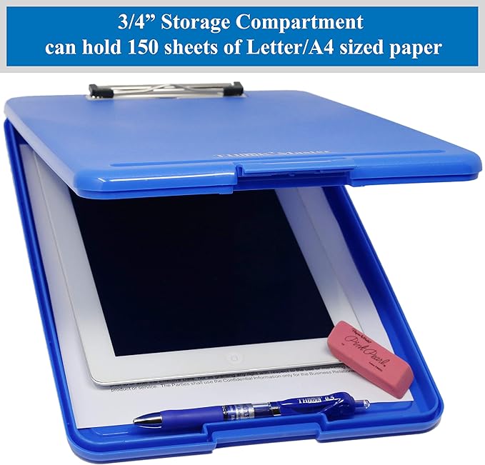 Think2Master [3 Pack] Blue Plastic Storage Clipboard. | 25% Heavier & Sturdier| Heavy Duty and Won’t Flex Like Other Brands (Compare The Weight). Storage Compartment Holds 150 Letter Sized Paper.