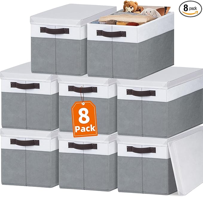 Extra Large Storage Baskets with Lids 8 Pack, 33 QT Blanket Basket for Organizing/ Stackable Decorative Closet Organizers and Storage Box for Clothes Towels/ Toy Organizer Bins with Handles/ 16x12