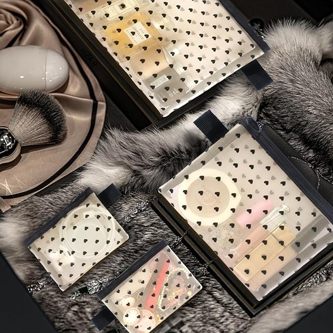 4-Piece Heart Printed Mesh Makeup Bag Set, Portable Travel Mesh Cosmetic Bags Toiletry Bags Makeup Purse Bags, Zipper Storage Pouches for Home Offices Travel Accessories (Beige)