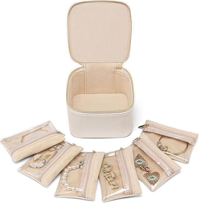 Vlando Jewelry Travel Case,Travel Jewelry Organizer with Clear Velvet Jewelry Bags 6Pcs Zipper Pouch for Women Girl Birthday Gift-White