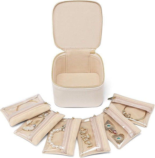 Vlando Jewelry Travel Case, Travel Jewelry Organizer with Clear Velvet Jewelry Bags 6Pcs Zipper Pouch for Women Girl Birthday Gift-White