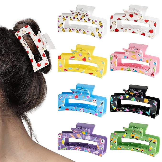 PANTIDE 8Pcs Teacher Hair Claw Clips Accessories for Women Girls - Cute Christmas Teacher Appreciation Gift Pencil Apple Rectangle Nonslip Hair Clips, Strong Hold for Thin Thick Curly Hair