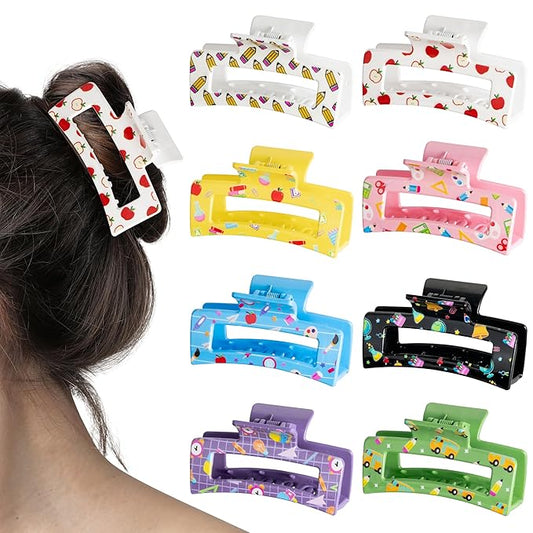 PANTIDE 8Pcs Teacher Hair Claw Clips Accessories for Women Girls - Cute Christmas Teacher Appreciation Gift Pencil Apple Rectangle Nonslip Hair Clips, Strong Hold for Thin Thick Curly Hair