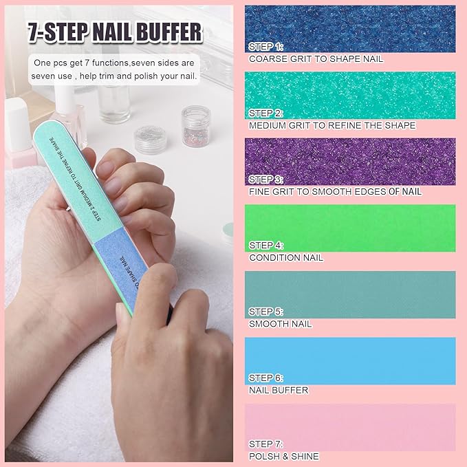 FANDAMEI Nail Buffers and Files, 8PCS Colorful Nail Buffer Block, 8PCS Blue Nail File, 2PCS 7 Way Nail File & 2PCS Nail Polishing Buffer. Professional Nail Care Tools Kit.