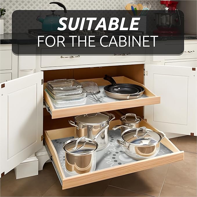 18X96 Inch Shelf Liner for Kitchen Cabinets, PVC Drawer Liner for Dresser Non-Slip Bathroom, Non-Adhesive Cabinet Liner Washable (Grey Circle)(5 Roll)