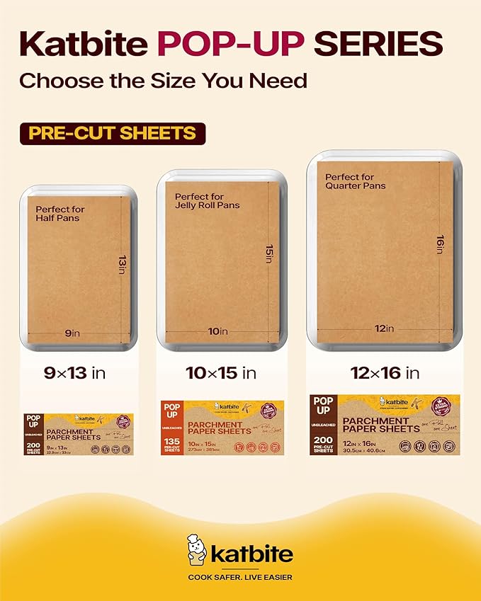 Katbite Parchment Paper Sheets Pop-Up 200 PCS, 12x16 Inches Precut Unbleached Baking Parchment, Extra Strong, Non-stick, Non-toxic, Heavy Duty Flat Baking Paper for Oven, Cooking, Grilling, Air Fryer