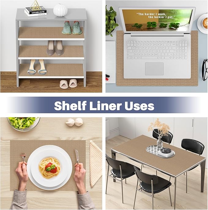 Drawer Liner, Shelf Liners for Kitchen Cabinet Waterproof & Oil-Proof Cupboard Liner Non-Slip Drawer Mat PVC Material Non Adhesive Kitchen Liner for Countertop Beige 17.5 x 157.4 Inches