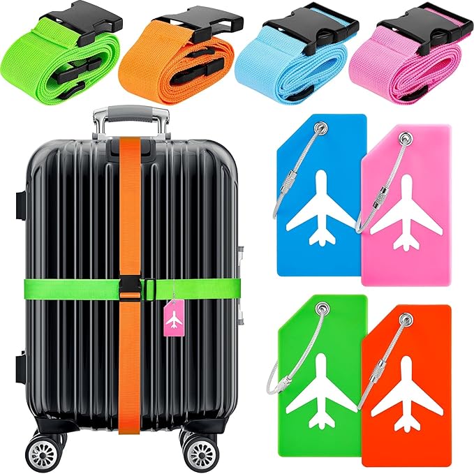 Weewooday 8 Pcs Luggage Straps Suitcase Tags Set for TSA Approved, 4 Travel Adjustable Suitcase Belt, 4 Silicone Luggage Tags with Name ID Card Travel Accessories(Blue, Pink, Green, Orange,Airplane)