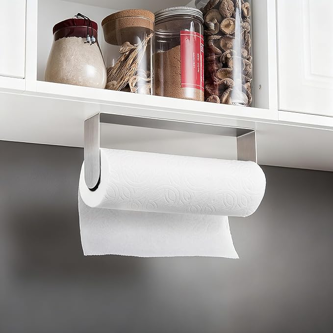 YIGII Adhesive Paper Towel Holder Under Cabinet - Self Adhesive Paper Towel Rack Wall Mount for Kitchen, SUS-304 Stainless Steel Papertowel Holder, Silver