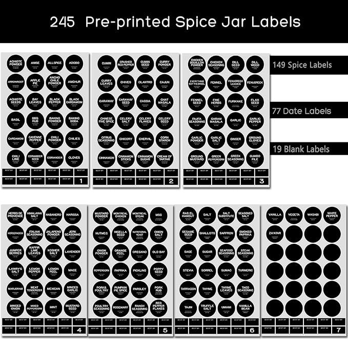 245 Spice Jar Labels - Round Preprinted Minimalist Waterproof Stickers for Kitchen Jars, Herb & Seasoning Labels for Pantry Organization (Black)