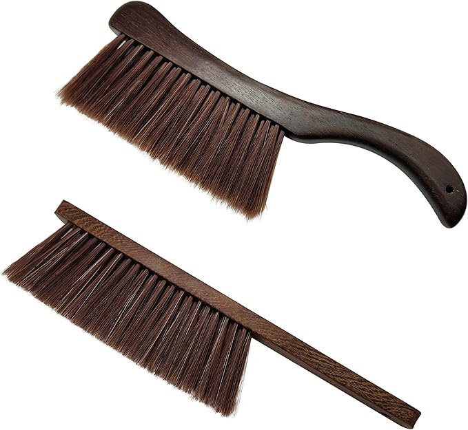 2 Pcs Wooden Hand Broom Brush, Dust Bench Brush Whisk Broom Soft Bristle Brush for Car Bed Furniture Clothes Couch Draft Sofa Fireplace Clothes Household Cleaning with Long Wood Handle(Brown)