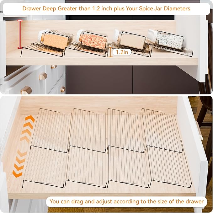 Yieach 8 Pack Adjustable In Drawer Spice Organizer - Expandable From 11" to 22" - Clear Acrylic Seasoning Organizer with Jars for Kitchen Drawer,Horizontal Tiered Kitchen Spice Organization & Tray