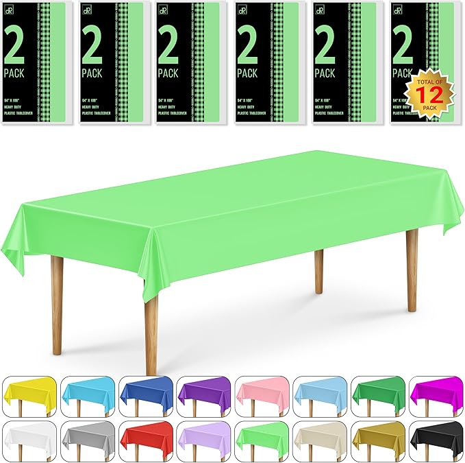 DecorRack 12 Rectangular Tablecloths BPA-Free Plastic, 54 x 108 inch, Dining Table Cloth, Rectangle Table Cover for Parties, Picnic, Camping and Outdoor, Disposable or Reusable, Lime Green (12 Pack)