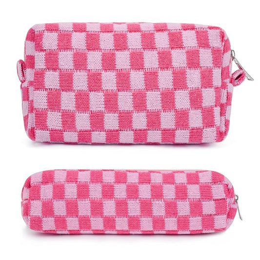 SOIDRAM Checkered Cosmetic Bag and Makeup Brush Storage Bag - Pink Travel Toiletry Organizer