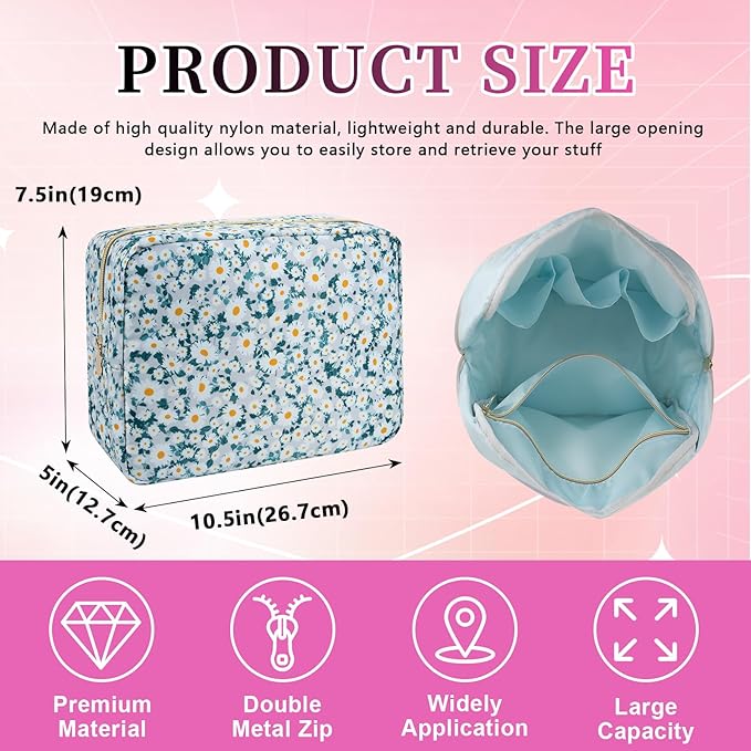 Waterproof Nylon Large Makeup Bag Travel Pouch, Floral Preppy Big Cosmetic Bag Make Up Organizer Toiletry Bag with Zipper, Large Capacity Cute Zipper Pouch Storage Bag for Women Girls(Green Daisy)
