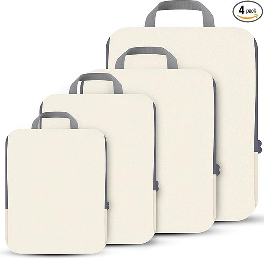 4 Set Compression Packing Cubes Travel - Travel Accessories Expandable Packing Organizers for Carry On - Essentials Luggage Bags - Beige