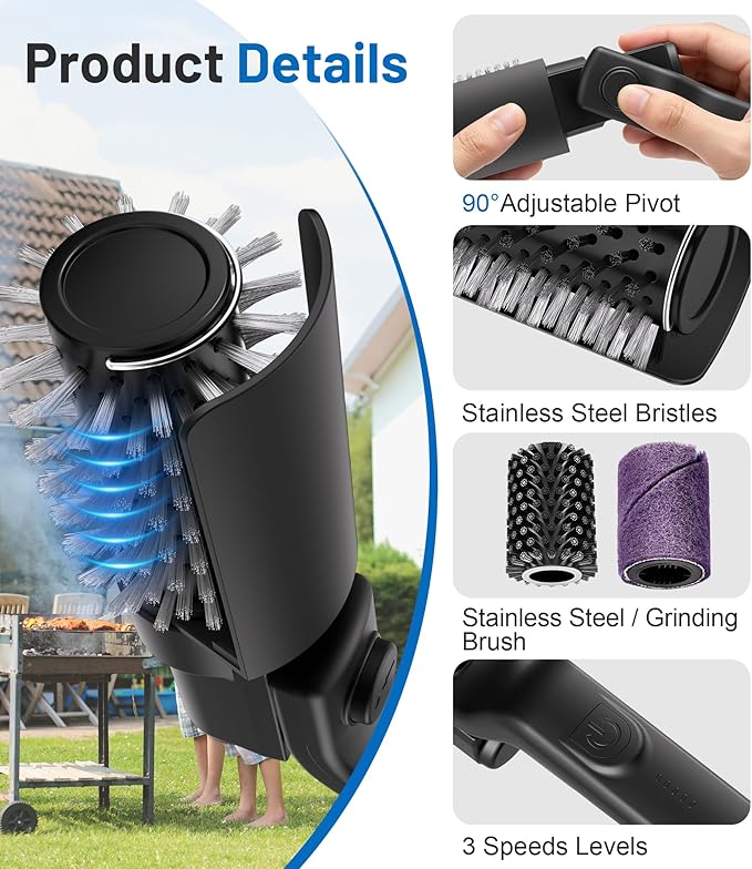 Electric Grill Brush 2-in-1 Automatic Grill Cleaner with Adjustable Angle, Includes 3-Speed Power Motor Stainless Steel & Scouring Pad Heads, Waterproof Cleaning Tool for for BBQ Grates & Griddles