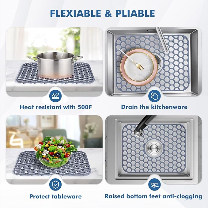 Silicone Sink Protectors for Kitchen Sink with Center Drain - 16.2"x12.5" Kitchen Accessory, Non-Slip Heat Resistant Sink Mat for Bottom of Farmhouse Porcelain Stainless Steel Sink