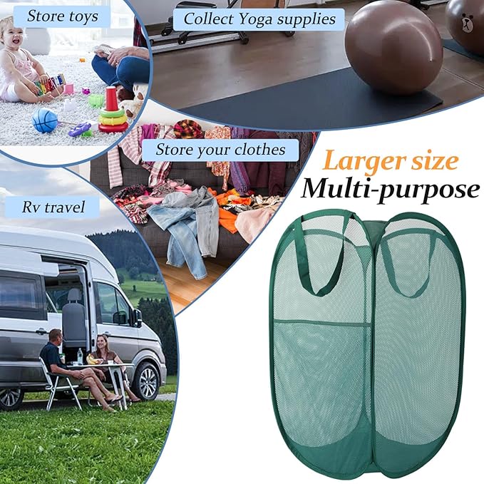 Upgraded 100L Extra Large Mesh Pop Up Laundry Basket With Handles, Light Breathable, Fold Compact, Large Hold Portable Foldable Dirty Clothes Basket For Bedroom, Laundry Room, Dorm, Hotel, Green.V