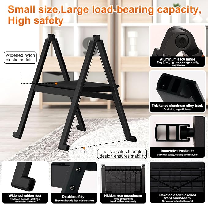 Folding Step Stool,Aluminum Ultra Thin Stool,400 Lbs Capacity Heavy Duty with Anti-Slip Sturdy and Wide Pedal,Closet Step Ladder for Home,Kitchen,Office and Dorm Bed (Black)