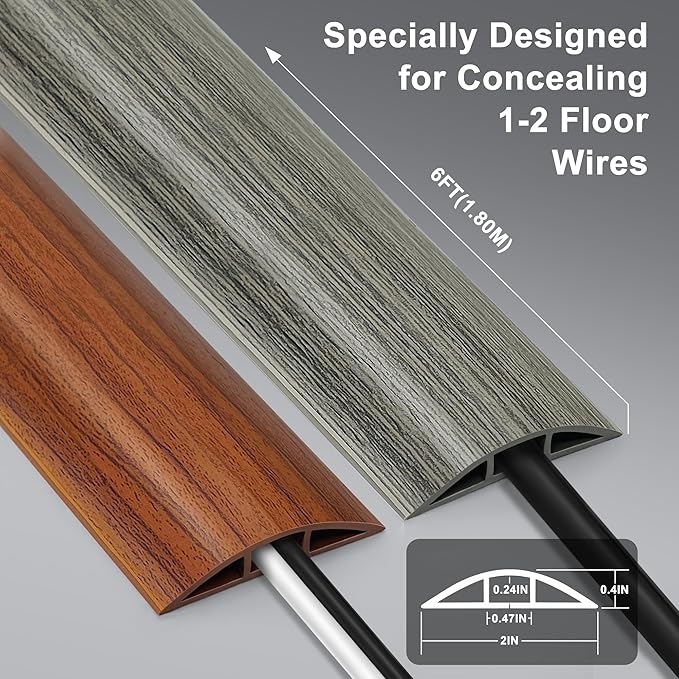 Cord Covers for Wires on Floor 6FT, LZEOY Cord Cover Floor, Wood Grey Floor Cable Management, Cable Protector Prevent Cable Trips Floor Cable Covers for Cords, Cable Cavity: 0.47" (W) x 0.24" (H)