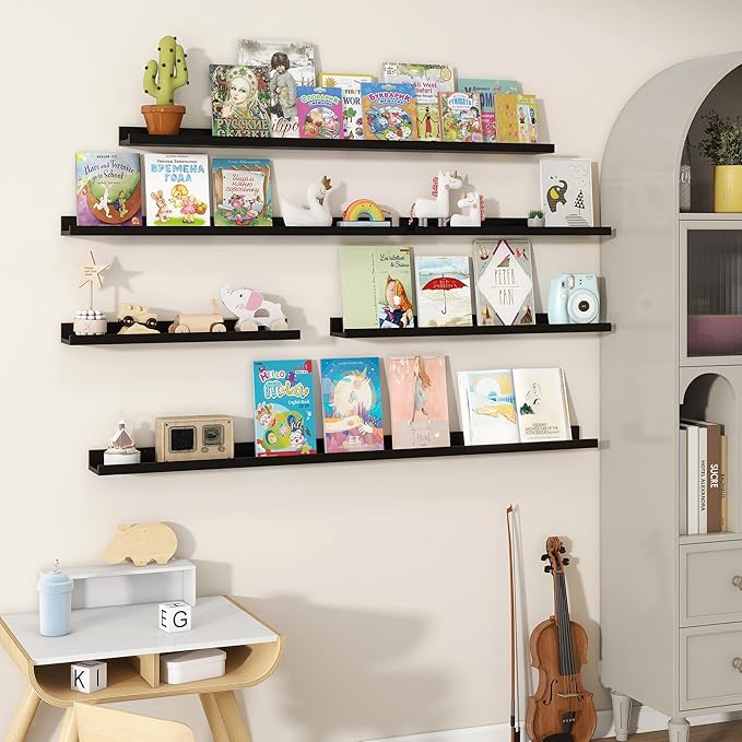 Fun Memories Picture Ledge Shelves Set of 2, 36 Inch Rustic Wall Mounted Floating Shelves with Lip for Home Storage and Decor in Bathroom, Kitchen, Nursery, Bedroom, Living Room, Black