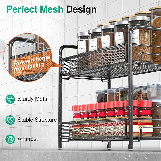 Spice Rack Organizer for Countertop, Xpatee 2-Tier Foldable Metal Rust-Proof Standing Large Seasoning Storage Shelf with Guardrail and Mesh Design for Kitchen Cabinet Bathroom Living Room Pantry, Black
