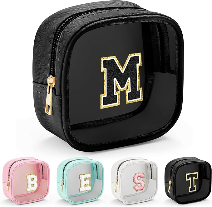 YOOLIFE Initial Makeup Bag Travel Toiletry Bag, Clear Makeup Bag Car Accessories For Women Clear Makeup Bags With Zipper Girlfriend Teacher 13 Year Old Girl Gifts Daughter Girl Gifts Mini Black M