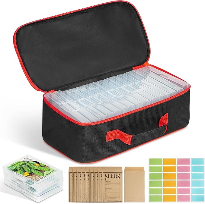 FACULX 15 Slots Seed Storage Organizer Box with 20 Seed Envelopes, Large Capacity Seeds Storage Container with Zipper Bag Label Stickers, Seeds Saving Container for Garden Vegetable and Flower (Red)
