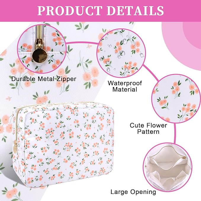 Waterproof Nylon Large Makeup Bag Travel Pouch, Floral Preppy Big Cosmetic Bag Make Up Organizer Toiletry Bag with Zipper, Large Capacity Cute Zipper Pouch Storage Bag for Women Girls(Pink Flower)