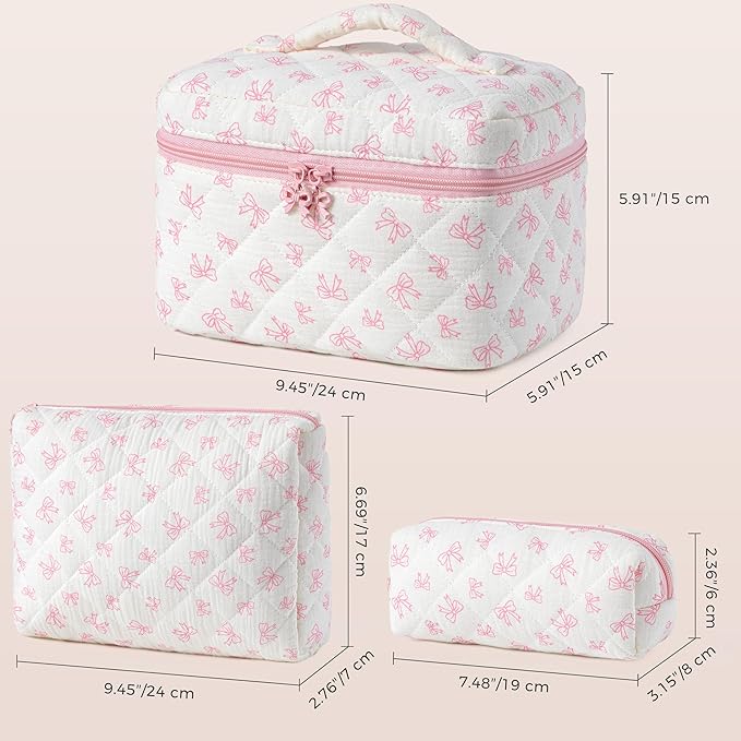 HBselect Quilted Makeup Bag, 3PCS Cotton Large Travel Makeup Bag, Cute Floral Coquette Make up Bag Cosmetic Bag Toiletry Bag for Women Girls