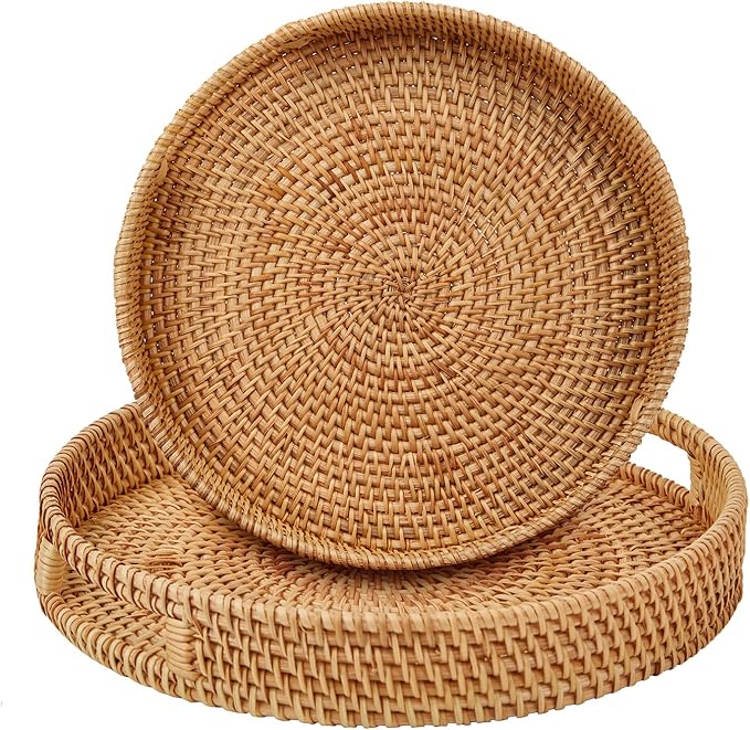 Round Rattan Serving Tray with Handles, 2 Hand Woven Basket, Home Decor Organizer Tray for Breakfast, Tea, Snack, Fruit, Coffee, Storage (Large + Medium) (14.17inchX2.3inch+11.9inchX1.7inch