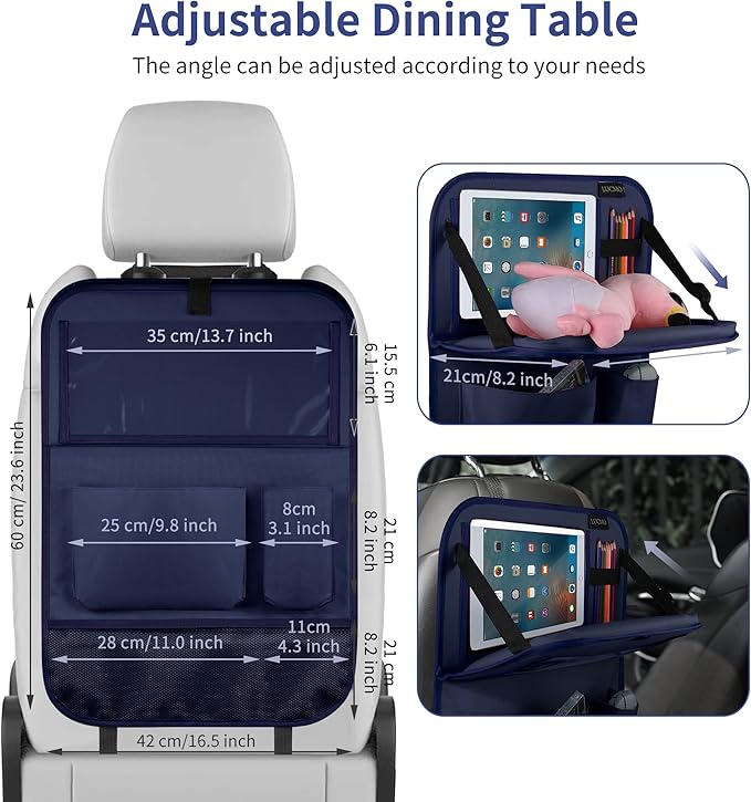LUCMO Car Backseat Organizer with Tablet Holder, 6 Storage Pockets Car Storage Organizer with Foldable Food Tray, Seat Protectors Kick Mats Travel Accessories - Dark Blue