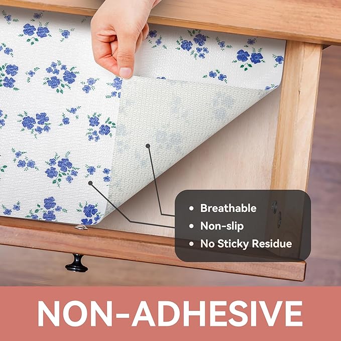 RAY STAR Shelf Liner, Non Adhesive Blue Floral Printed Kitchen Cabinet Liner for Pantry Drawer Vanity, Strong Grip Non Slip, Shelf Liners for Kitchen Cabinets Cupboard 18 Inch x 8 FT (2 Rolls)