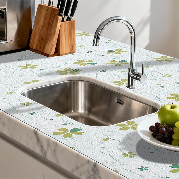 FIFTY FEET 12"x120" Non-Adhesive Shelf Liner for Kitchen Cabinets and Drawers, Washable Non-Slip PVC Cabinet Liner (Green Floral)(10 Roll)