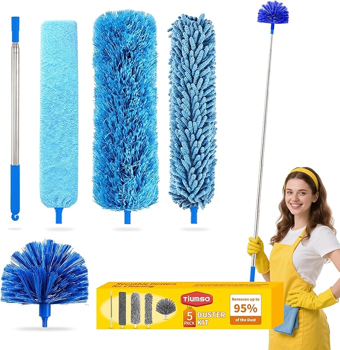 Tiumso 5-in-1 Microfiber Duster Kit with 100” Extension Pole – Reinforced Stainless Steel Telescopic Handle for High Ceiling Fans, Cobwebs & Vents – Multi-Head Dusters for Cleaning with Anti-Spin Pole