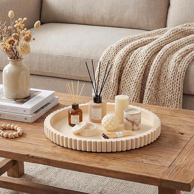 15" Modern Cream White Oval Concrete Decorative Tray for Coffee Table Decoration, Decorative Ottoman Tray for Serving and Home Decor Accent, Bandejas Decorativas Gift