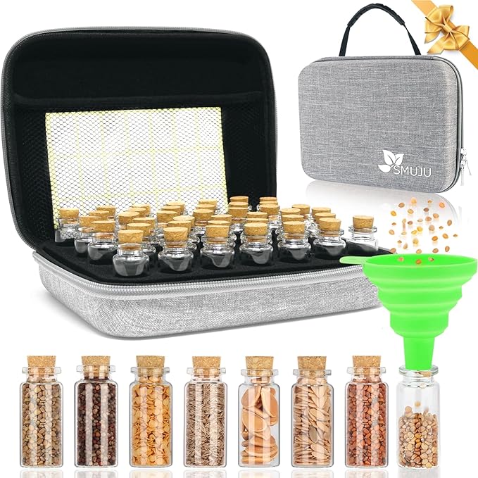 【40 Slots】 Seed Storage Organizer, Sturdy Seed Organizer Storage Box with Dual Zipper Bag and 42Pcs Label Stickers, Glass Seed Storage Container for Flower Vegetable Plants Garden Seeds Saving