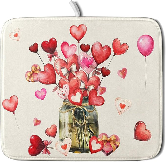 Valentine's Day Dish Drying Mat for Kitchen Counter,Red Love Canes Hearts Decorative Mason Jar Drying Mat 16 x 18 Inch with High Absorbent Microfiber Drainer Mat for Coffee Bar