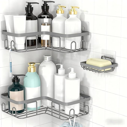 Moforoco Corner Shower Caddy Shelf Organizer Rack, Self Adhesive Black Bathroom Shelves Basket, Home Wall Shower Inside Organization and Storage Decor Rv Accessories, First Apartment Essentials (Grey)