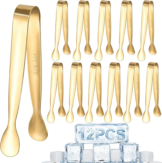 12 Pcs Gold Serving Tongs, Stainless Steel Ice Tongs Mini Sugar Tongs for Kitchen Appetizers, Party. Ting Tongs for Serving Food, Ice, Sugar Cube, Salad, Desserts
